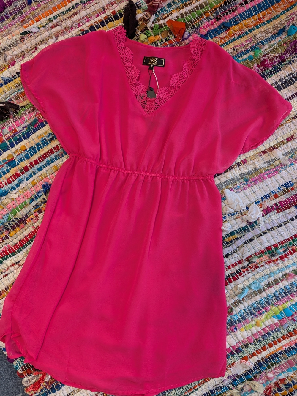 Lucky Brand Hot Pink Lace-Trim V-Neck Dress👗